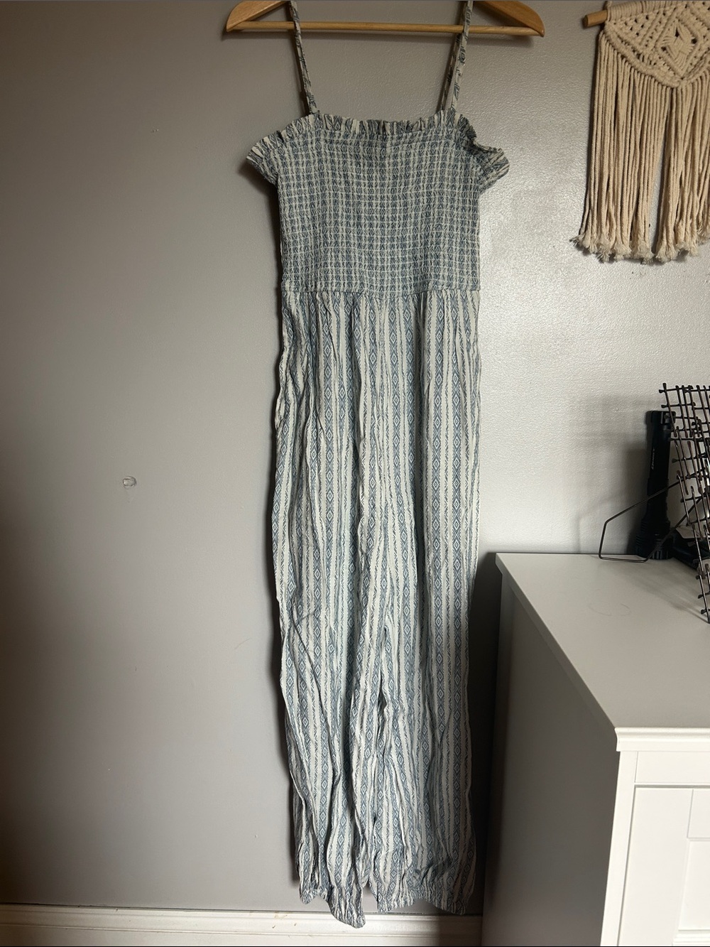 Anthropologie Blue and White Patterned Smocked Jumpsuit